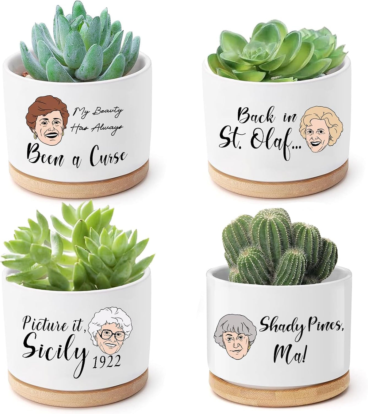 Golden Girls Merchandise - Funny Succulent Pots Set of 4, Golden Girls Gifts for Women, Ceramic Mini Cute Planters with Bamboo Tray for Office Desk Indoor Decorations