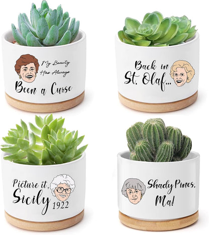 Golden Girls Merchandise - Funny Succulent Pots Set of 4, Golden Girls Gifts for Women, Ceramic Mini Cute Planters with Bamboo Tray for Office Desk Indoor Decorations