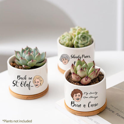 Golden Girls Merchandise - Funny Succulent Pots Set of 4, Golden Girls Gifts for Women, Ceramic Mini Cute Planters with Bamboo Tray for Office Desk Indoor Decorations