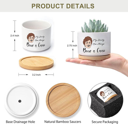 Golden Girls Merchandise - Funny Succulent Pots Set of 4, Golden Girls Gifts for Women, Ceramic Mini Cute Planters with Bamboo Tray for Office Desk Indoor Decorations