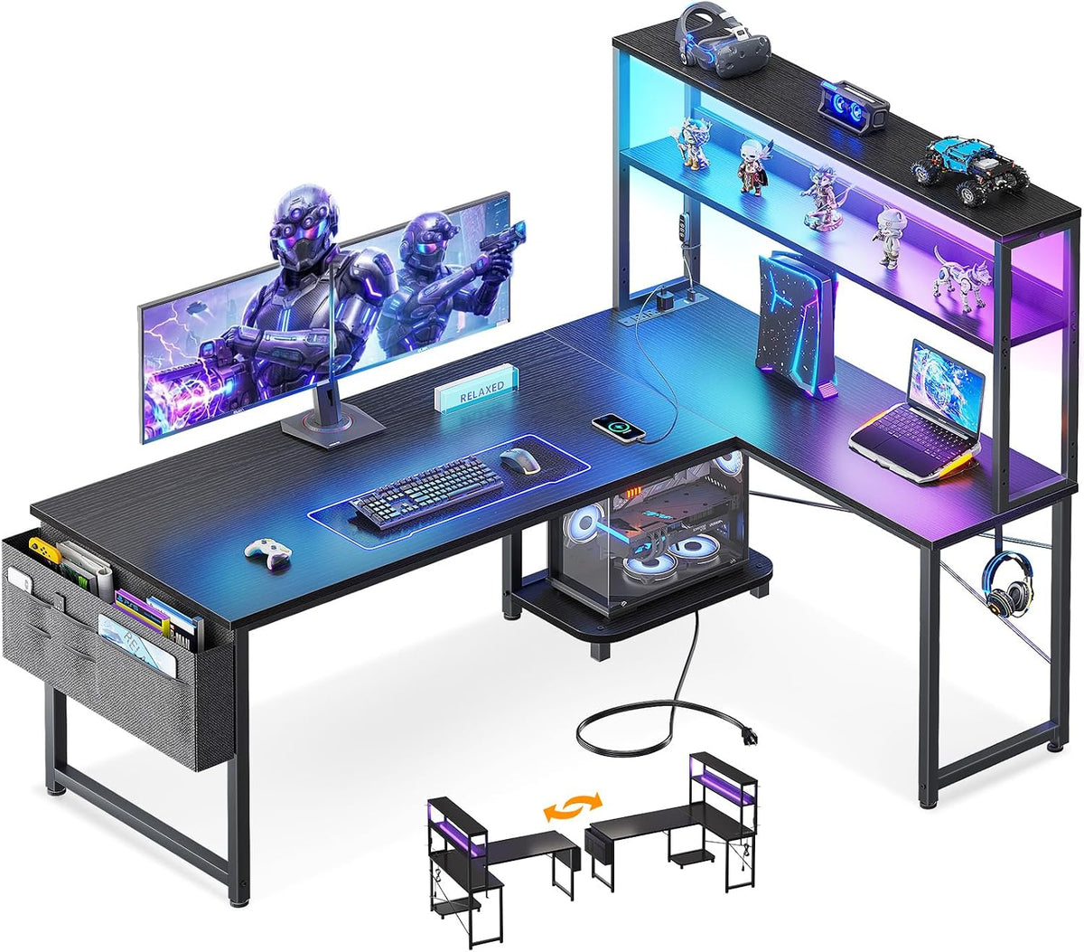 53" L Shaped Gaming Desk with Shelves, LED & Outlets, Black