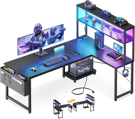 53" L Shaped Gaming Desk with Shelves, LED & Outlets, Black