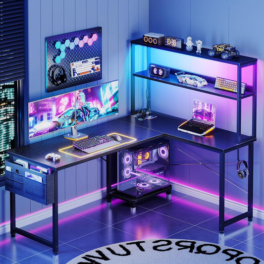 53" L Shaped Gaming Desk with Shelves, LED & Outlets, Black