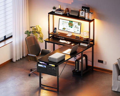 53" L Shaped Gaming Desk with Shelves, LED & Outlets, Black