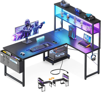 53" L Shaped Gaming Desk with Shelves, LED & Outlets, Black