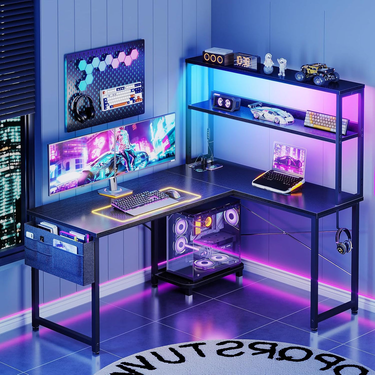 53" L Shaped Gaming Desk with Shelves, LED & Outlets, Black