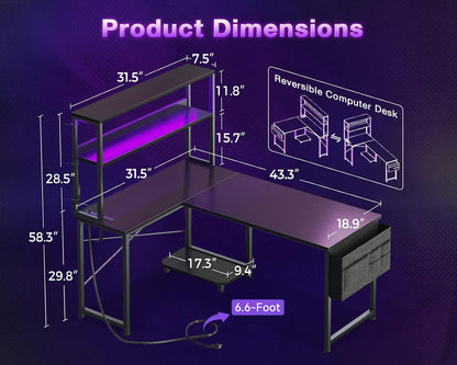 53" L Shaped Gaming Desk with Shelves, LED & Outlets, Black