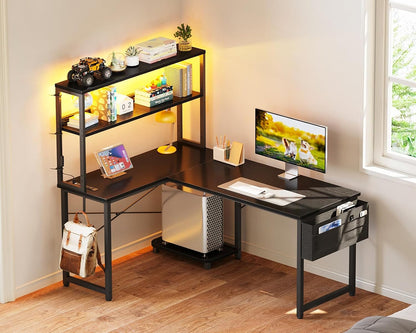 53" L Shaped Gaming Desk with Shelves, LED & Outlets, Black