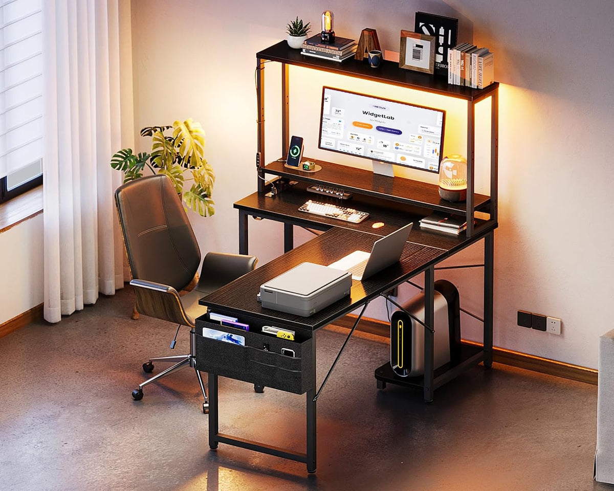 53" L Shaped Gaming Desk with Shelves, LED & Outlets, Black