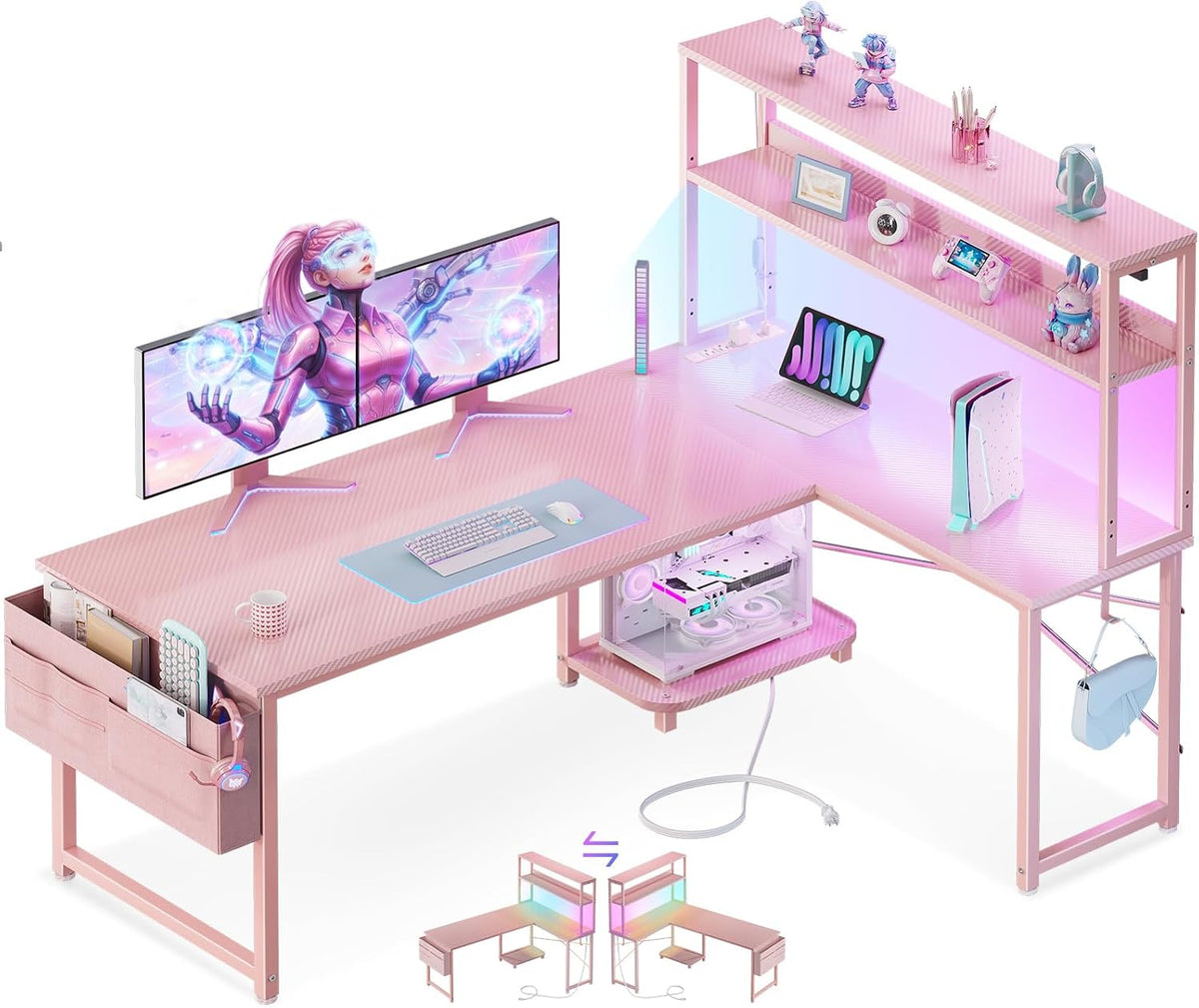 53" L Shaped Gaming Desk with Shelves, LED & Outlets, Black