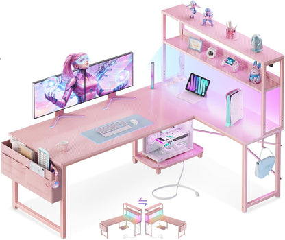 53" L Shaped Gaming Desk with Shelves, LED & Outlets, Black
