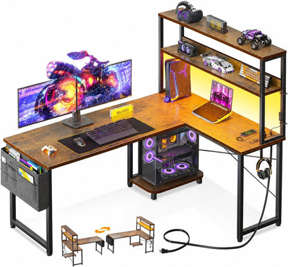 53" L Shaped Gaming Desk with Shelves, LED & Outlets, Black