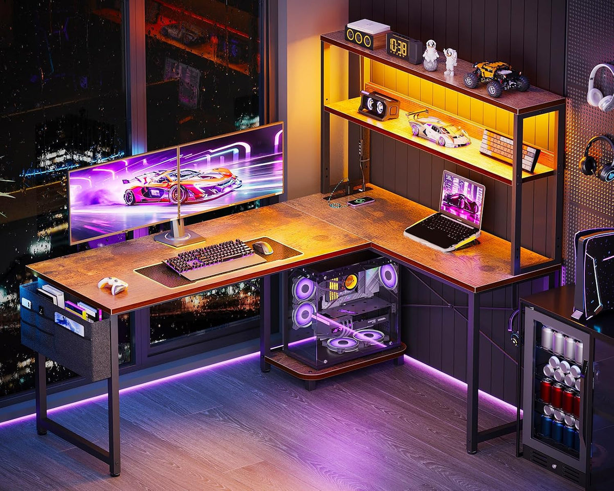 53" L Shaped Gaming Desk with Shelves, LED & Outlets, Black
