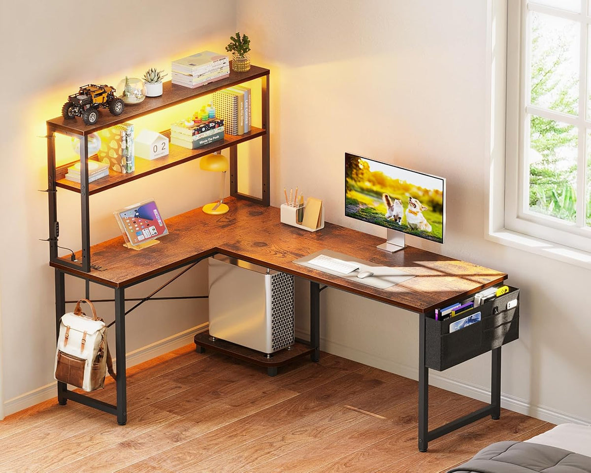 53" L Shaped Gaming Desk with Shelves, LED & Outlets, Black