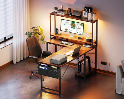 53" L Shaped Gaming Desk with Shelves, LED & Outlets, Black