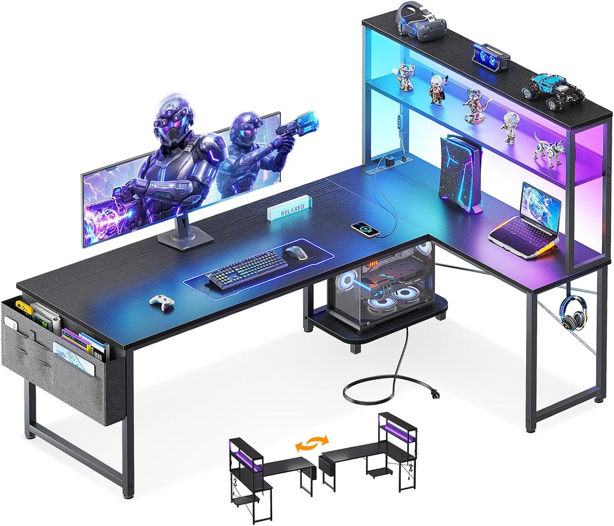 53" L Shaped Gaming Desk with Shelves, LED & Outlets, Black