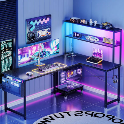 53" L Shaped Gaming Desk with Shelves, LED & Outlets, Black