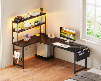 53" L Shaped Gaming Desk with Shelves, LED & Outlets, Black