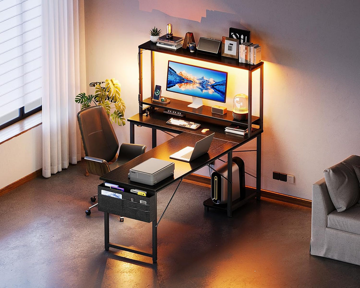 53" L Shaped Gaming Desk with Shelves, LED & Outlets, Black