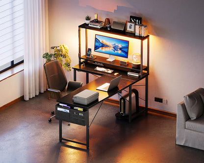 53" L Shaped Gaming Desk with Shelves, LED & Outlets, Black
