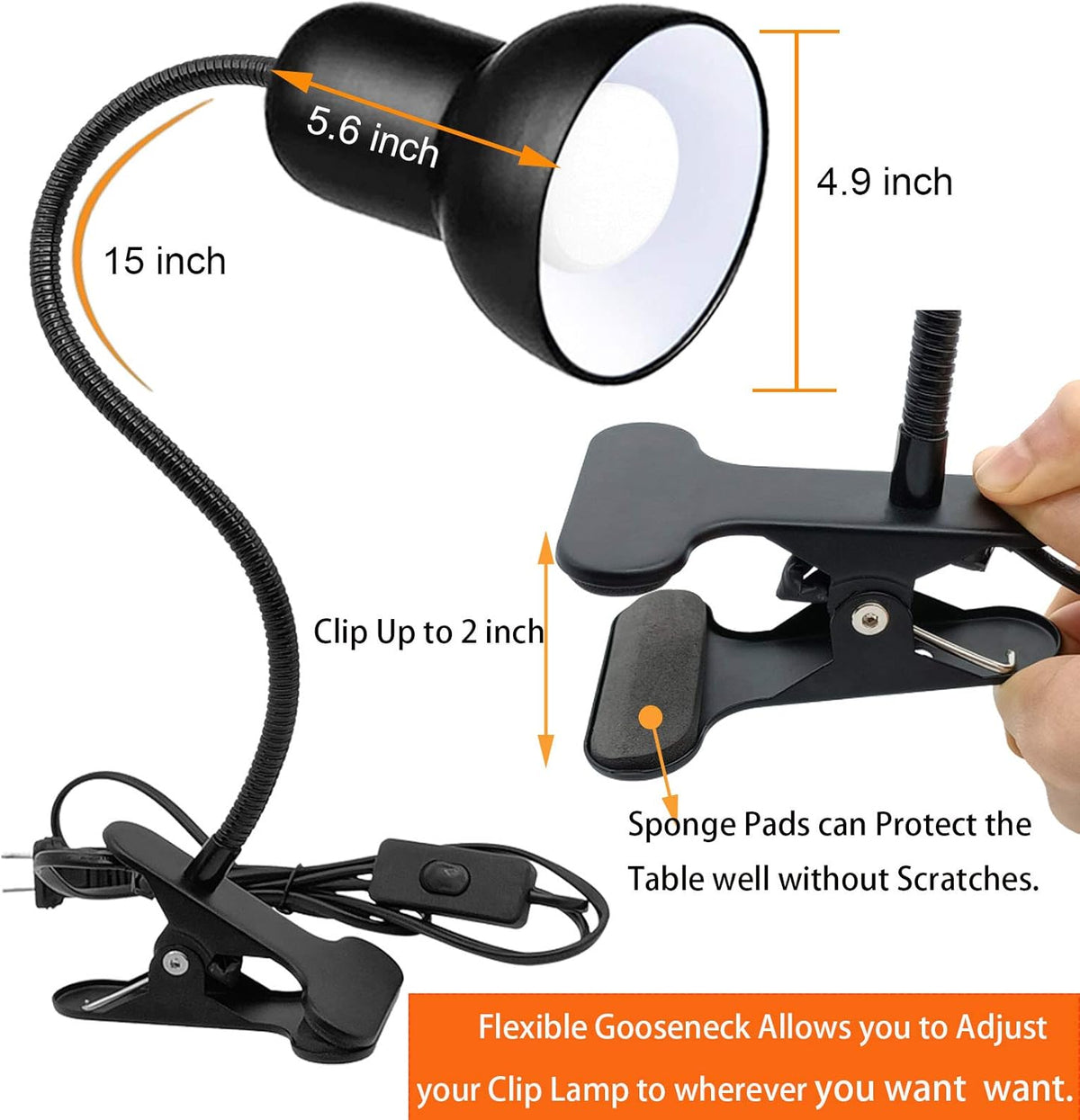 Desk lamp, Clip on Lamp, Clip On Reading Light, Gooseneck Lamp On Cable
