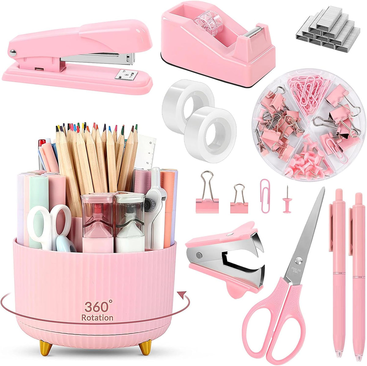 Pink Desk Accessories 11Pcs with Rotating Pen Holder for Desk