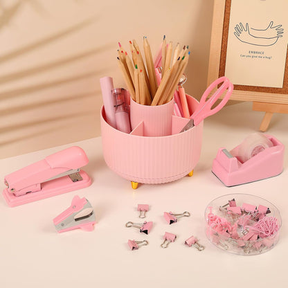 Pink Desk Accessories 11Pcs with Rotating Pen Holder for Desk