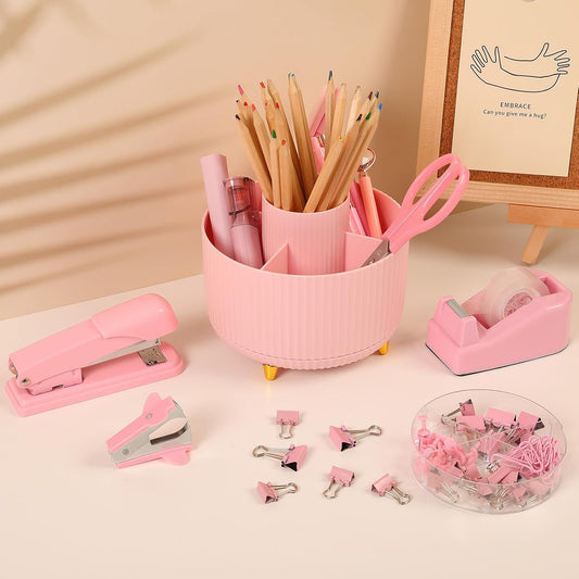 Pink Desk Accessories 11Pcs with Rotating Pen Holder for Desk