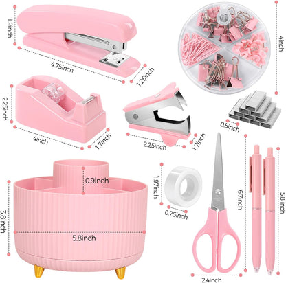 Pink Desk Accessories 11Pcs with Rotating Pen Holder for Desk