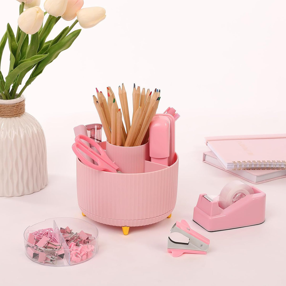 Pink Desk Accessories 11Pcs with Rotating Pen Holder for Desk