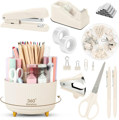 Pink Desk Accessories 11Pcs with Rotating Pen Holder for Desk