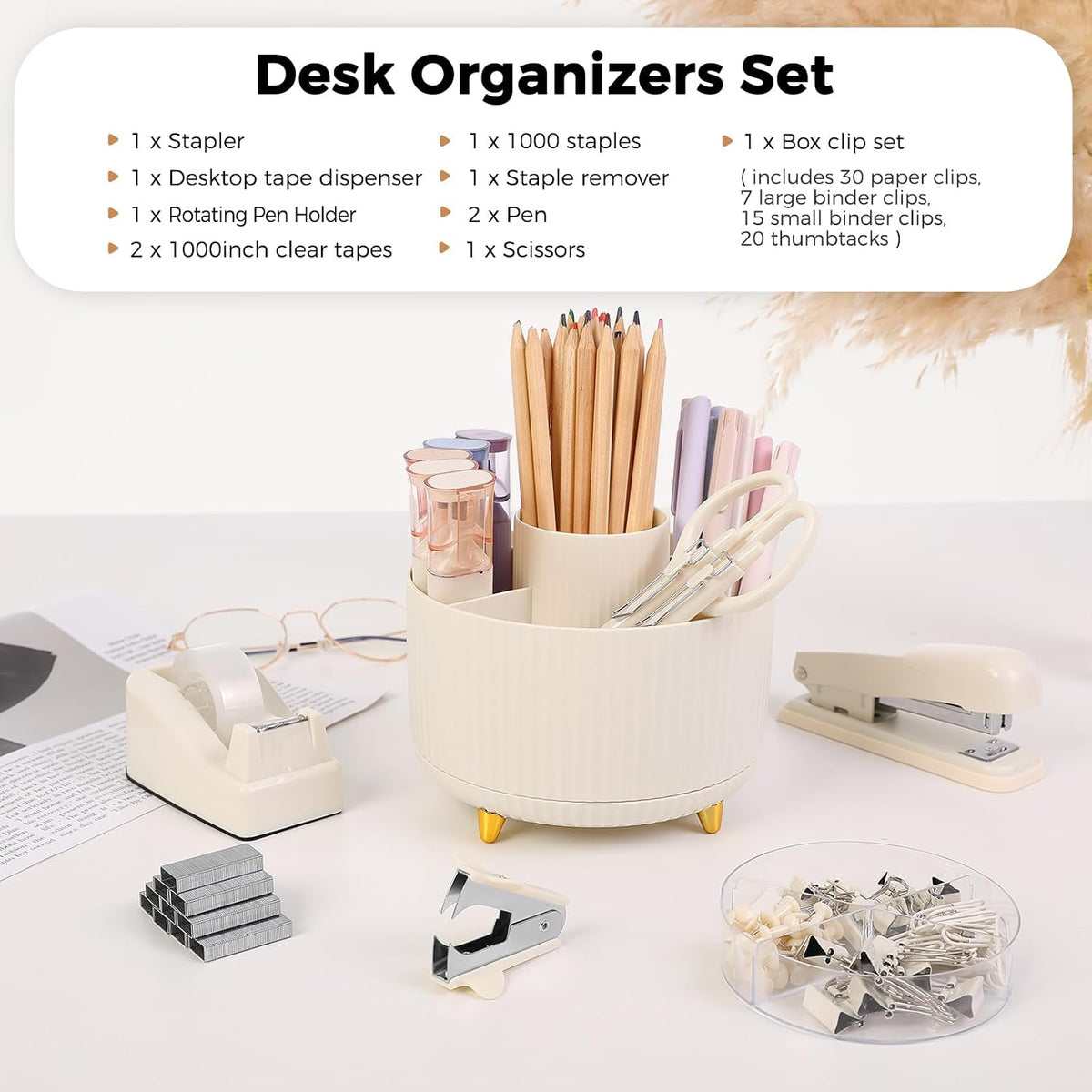 Pink Desk Accessories 11Pcs with Rotating Pen Holder for Desk