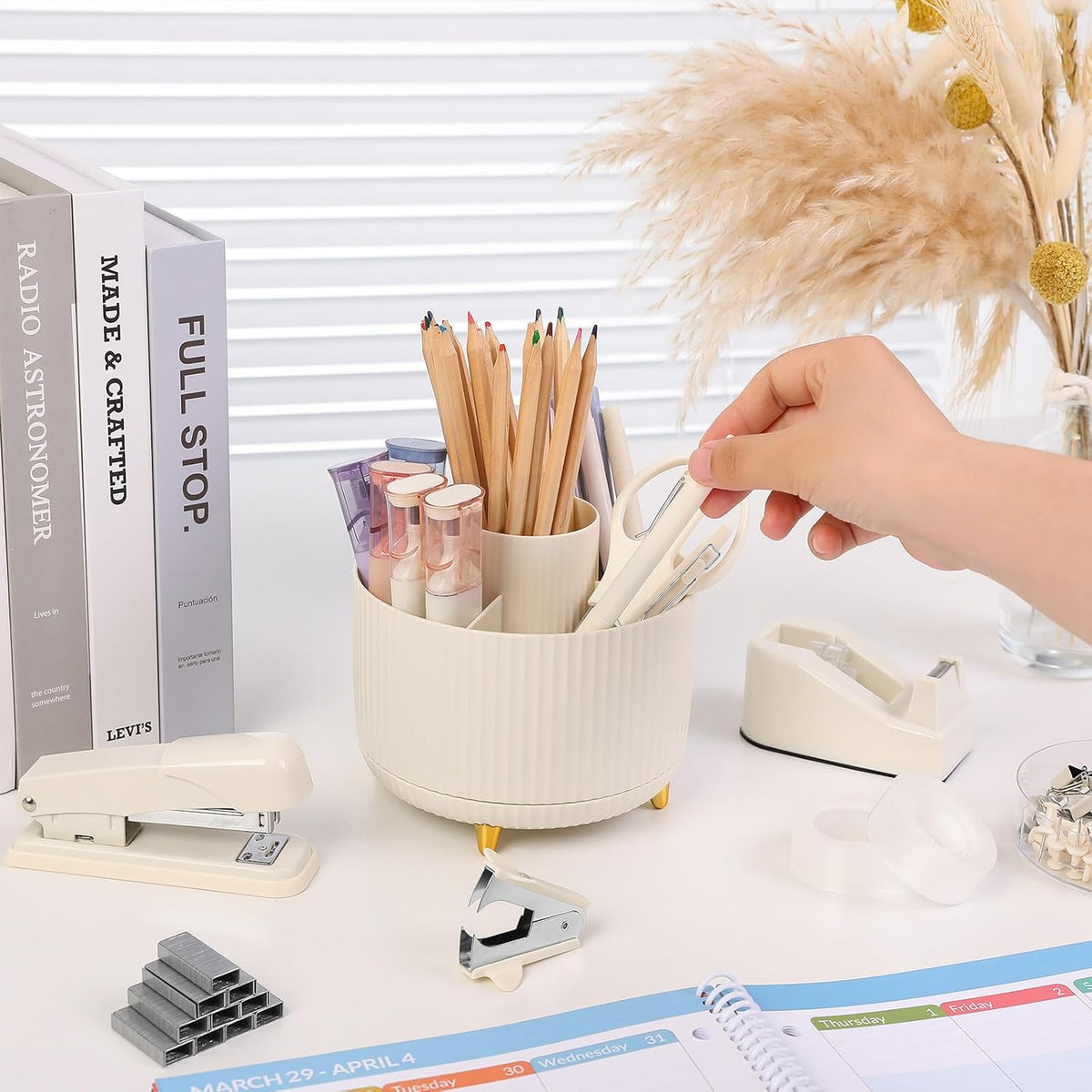 Pink Desk Accessories 11Pcs with Rotating Pen Holder for Desk
