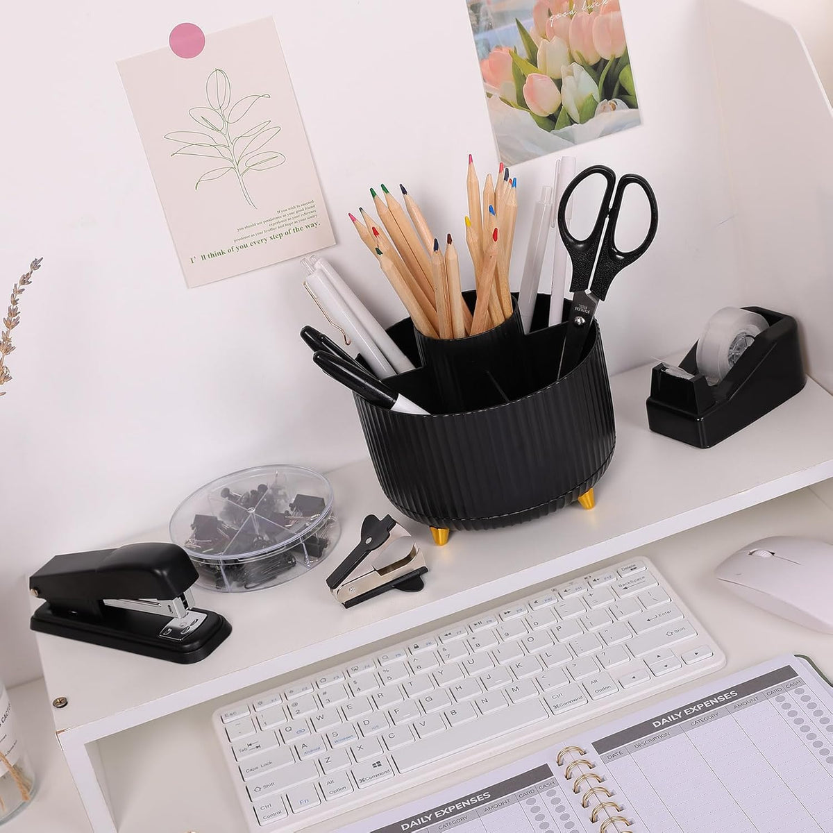 Pink Desk Accessories 11Pcs with Rotating Pen Holder for Desk