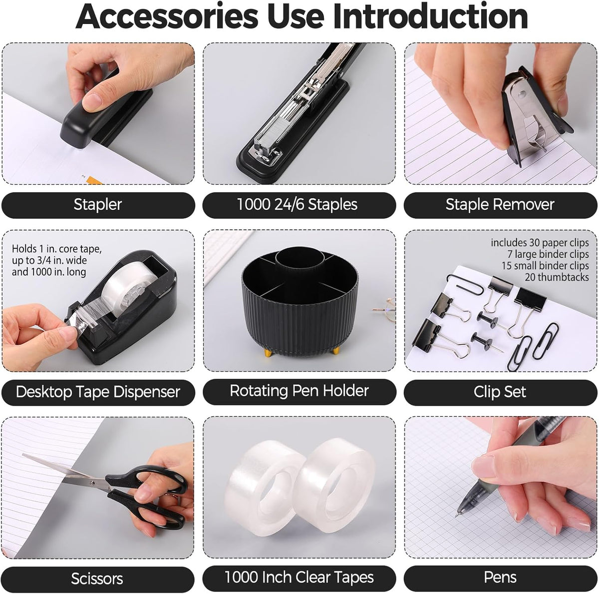 Pink Desk Accessories 11Pcs with Rotating Pen Holder for Desk