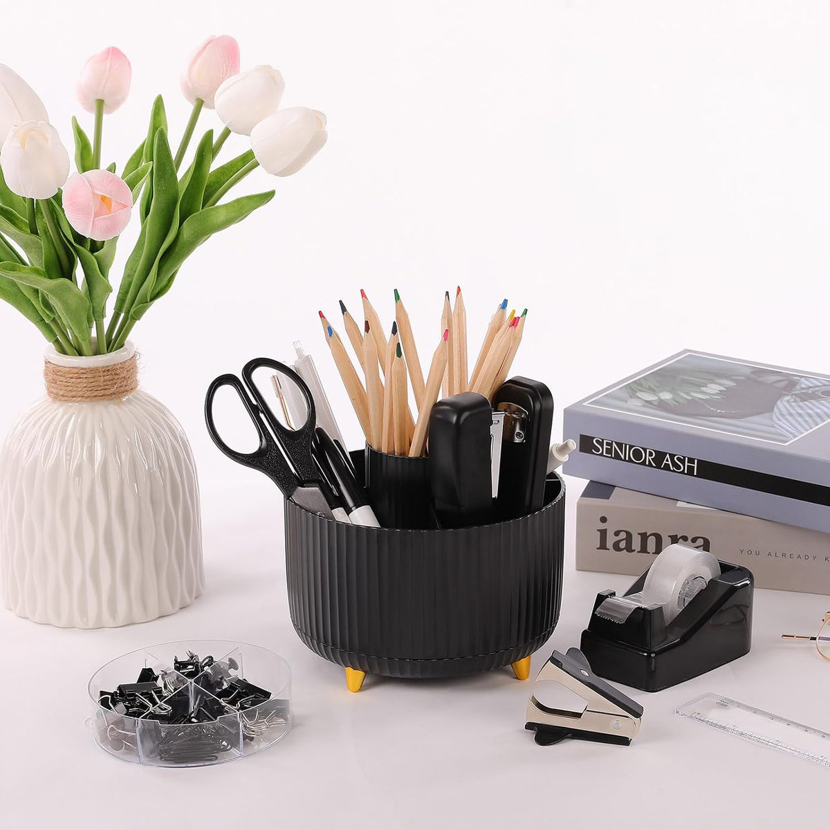 Pink Desk Accessories 11Pcs with Rotating Pen Holder for Desk