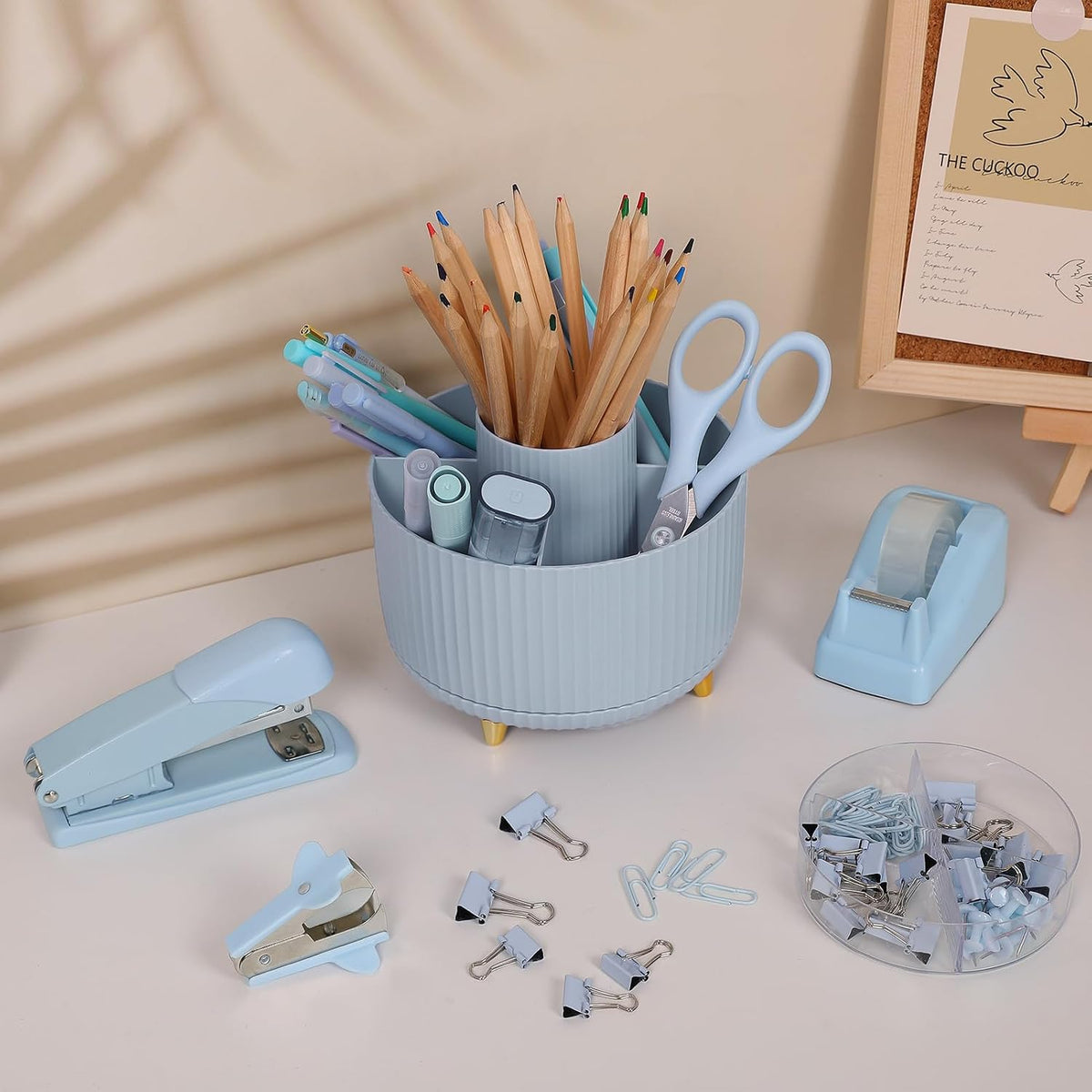 Pink Desk Accessories 11Pcs with Rotating Pen Holder for Desk