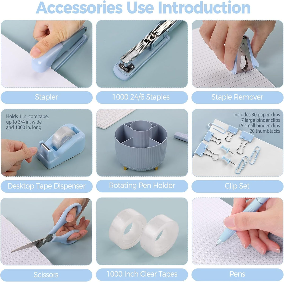 Pink Desk Accessories 11Pcs with Rotating Pen Holder for Desk