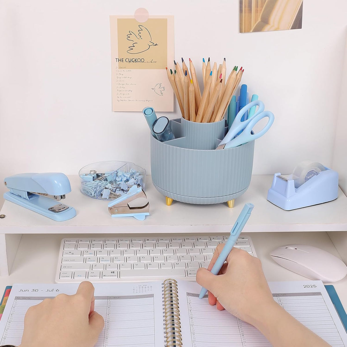 Pink Desk Accessories 11Pcs with Rotating Pen Holder for Desk