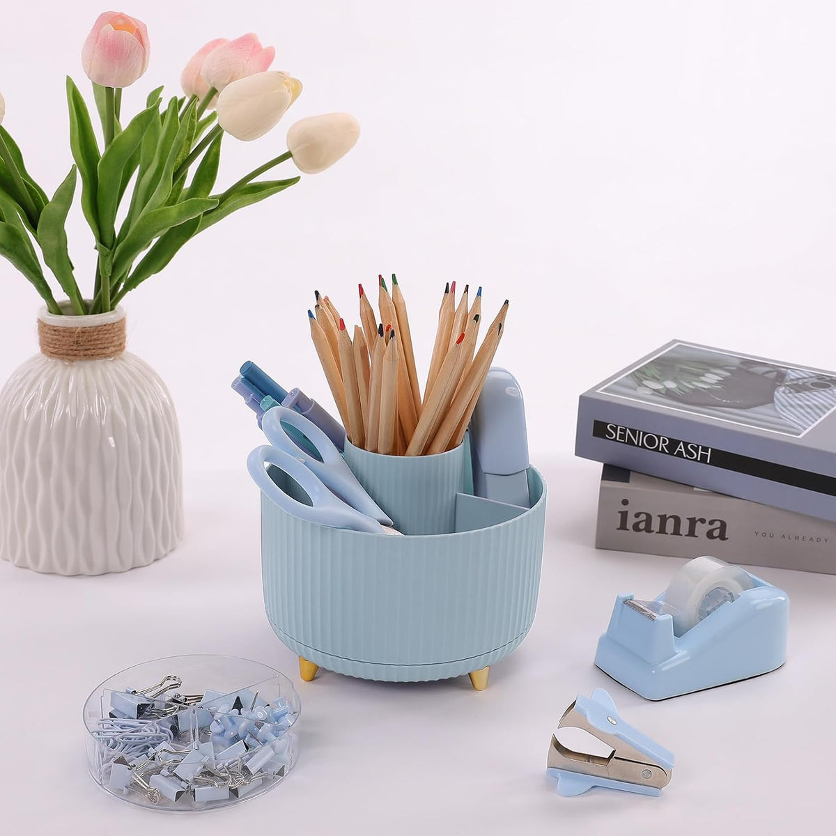 Pink Desk Accessories 11Pcs with Rotating Pen Holder for Desk