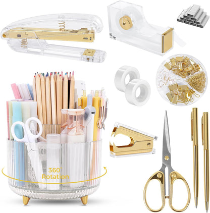 Pink Desk Accessories 11Pcs with Rotating Pen Holder for Desk