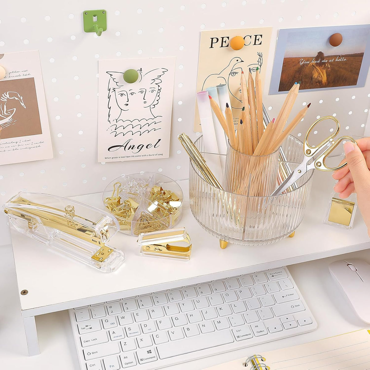Pink Desk Accessories 11Pcs with Rotating Pen Holder for Desk