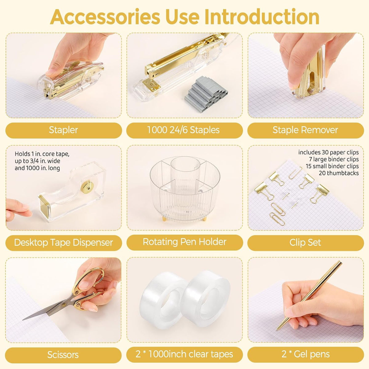Pink Desk Accessories 11Pcs with Rotating Pen Holder for Desk