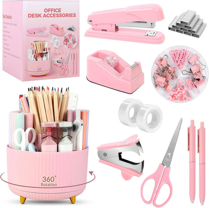 Pink Desk Accessories 11Pcs with Rotating Pen Holder for Desk