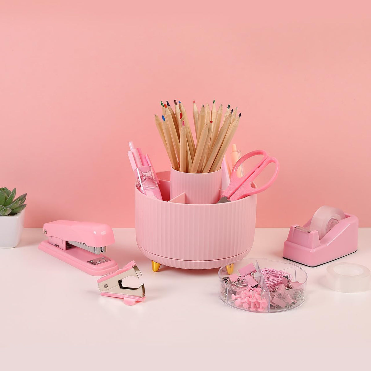 Pink Desk Accessories 11Pcs with Rotating Pen Holder for Desk