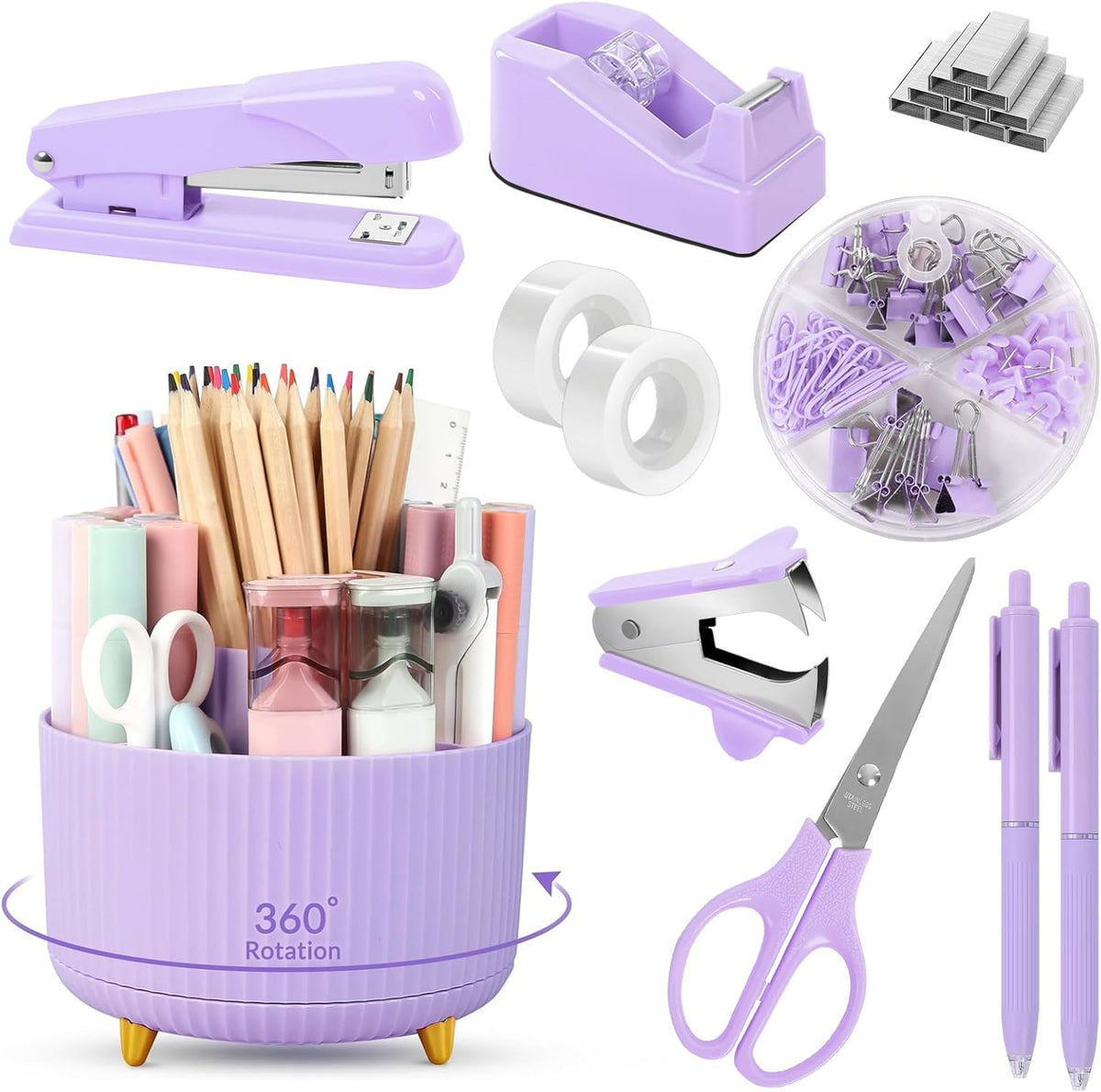 Pink Desk Accessories 11Pcs with Rotating Pen Holder for Desk