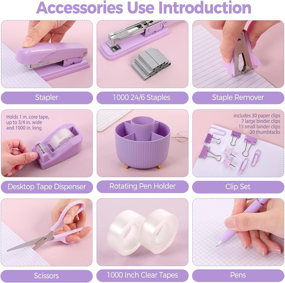 Pink Desk Accessories 11Pcs with Rotating Pen Holder for Desk