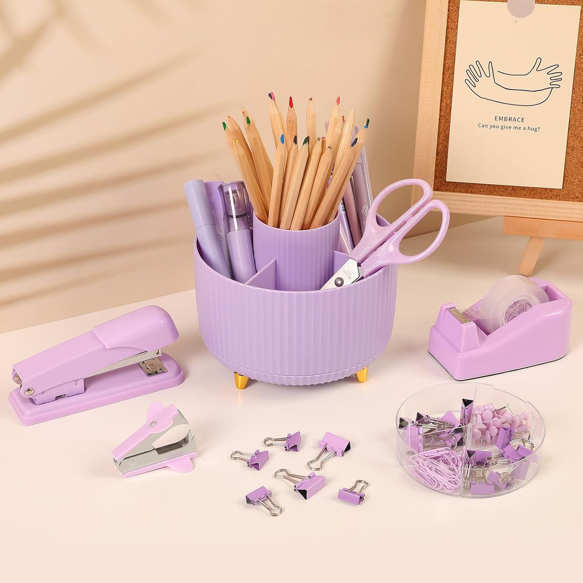 Pink Desk Accessories 11Pcs with Rotating Pen Holder for Desk