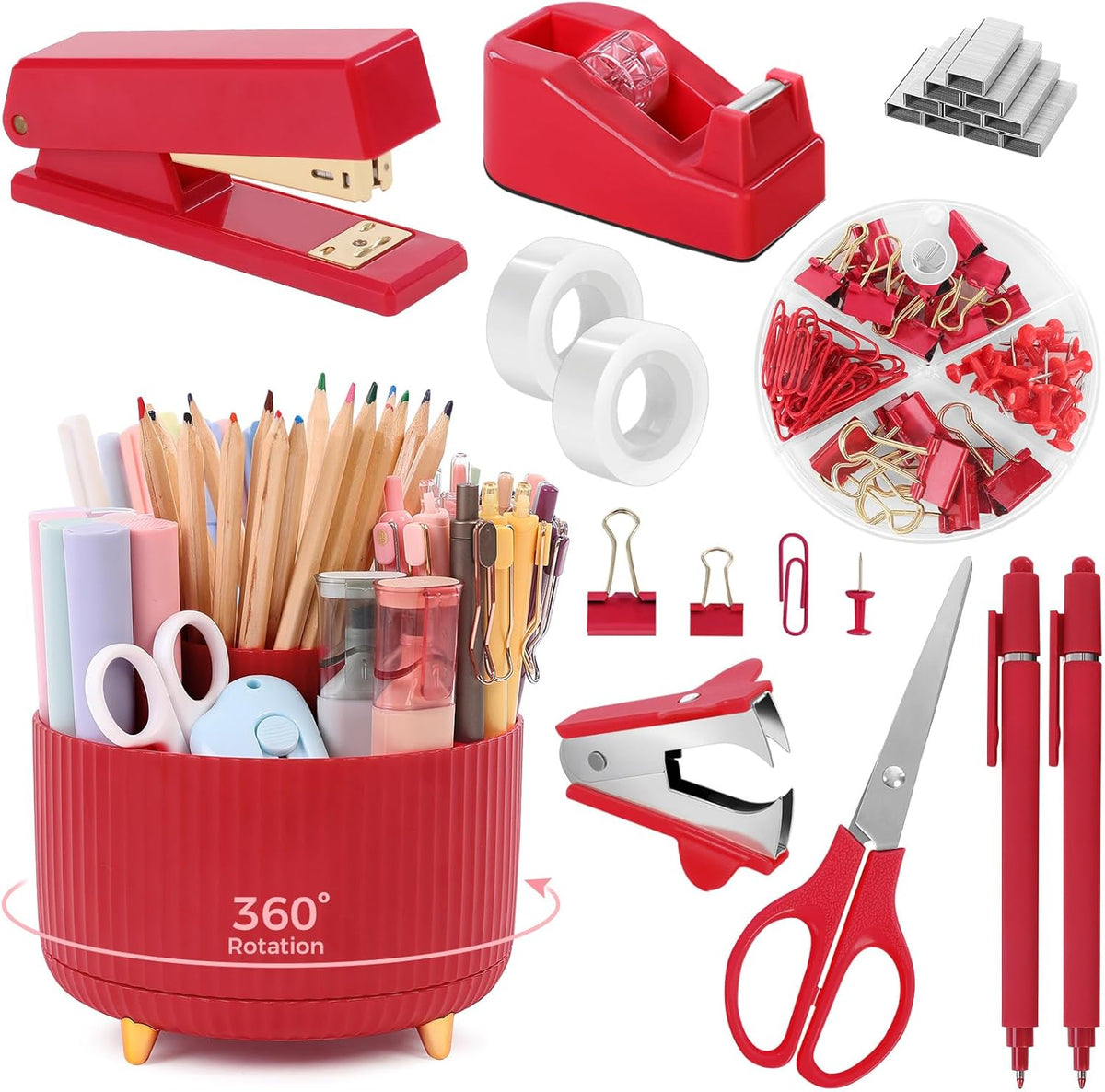 Pink Desk Accessories 11Pcs with Rotating Pen Holder for Desk