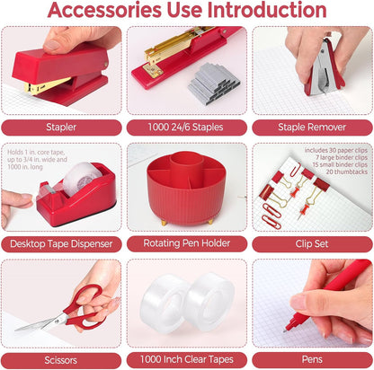 Pink Desk Accessories 11Pcs with Rotating Pen Holder for Desk